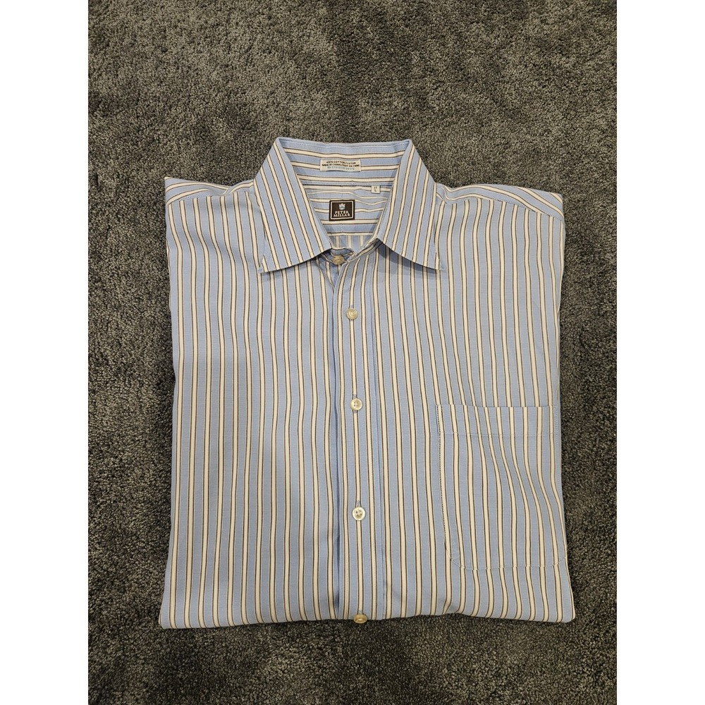 Peter Millar Men's 17L Blue Striped Cotton Dress Shirt Long Sleeve Collared